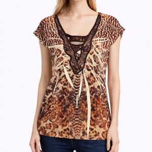 ONE WORLD Brown and Tan Animal Print Blouse